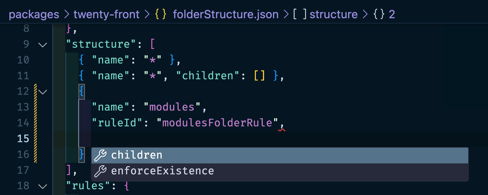 VSCode autocompletes children and enforceExistence properties for children of the structure array in the configuration